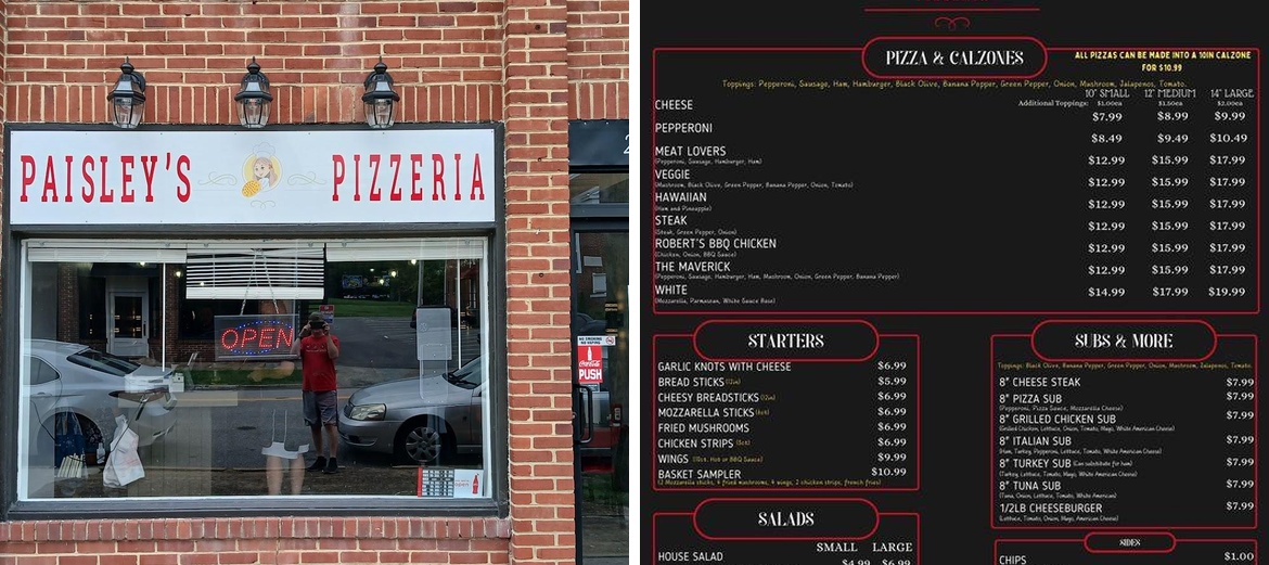 Paisley's Pizzeria Menu