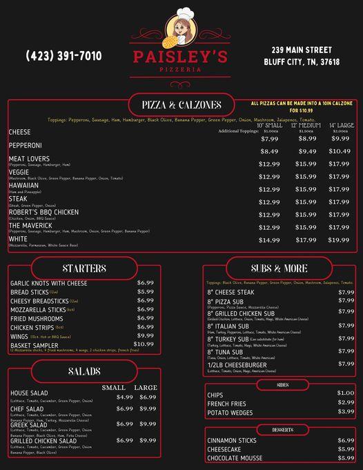 Paisley's Pizzeria Menu image 1