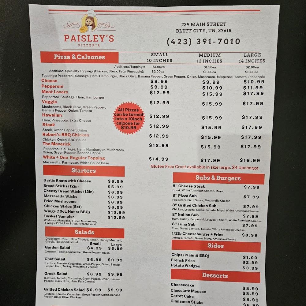 Paisley's Pizzeria Menu image 2